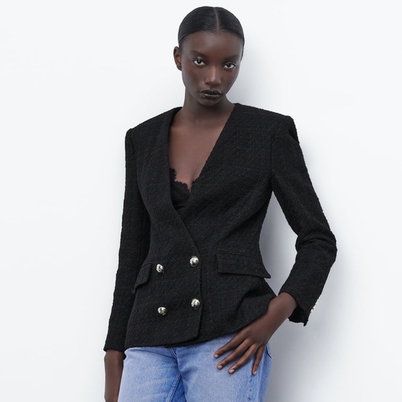 Zara Black Tweed Double Breasted Blazer Jacket-Size M